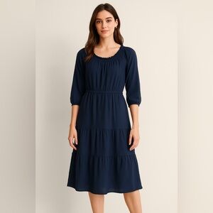 Sharagano Navy Blue 3/4 Sleeve Smocked Waist Tiered Dress Women’s 12P Petite